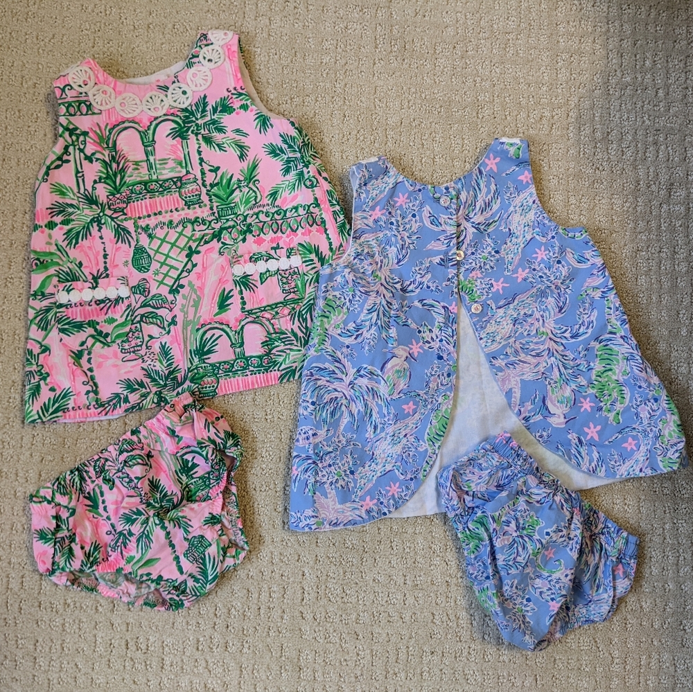 Two baby Lilly Pulitzer shift dresses and matching bloomers, 12-18 months